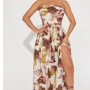 Fashion Nova Strapless Floral Dress - Brown, Pink, Yellow